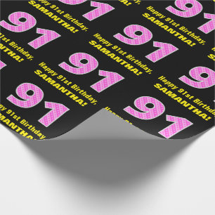 Papier Cadeau 91e anniversaire : Pink Stripes and Hearts "91" + 
