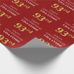 Papier Cadeau 93e anniversaire : Elégant, Rouge, Faux Gold Look