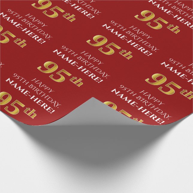 Papier Cadeau 95e anniversaire : Elégant, Rouge, Faux Gold Look (Coin)