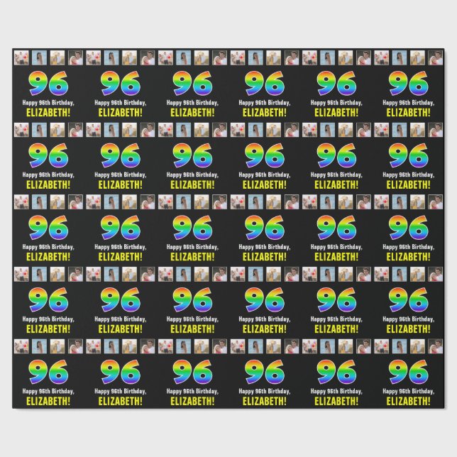 Papier Cadeau 96e anniversaire : Arc-en-ciel "96"; photos et nom (Couture)