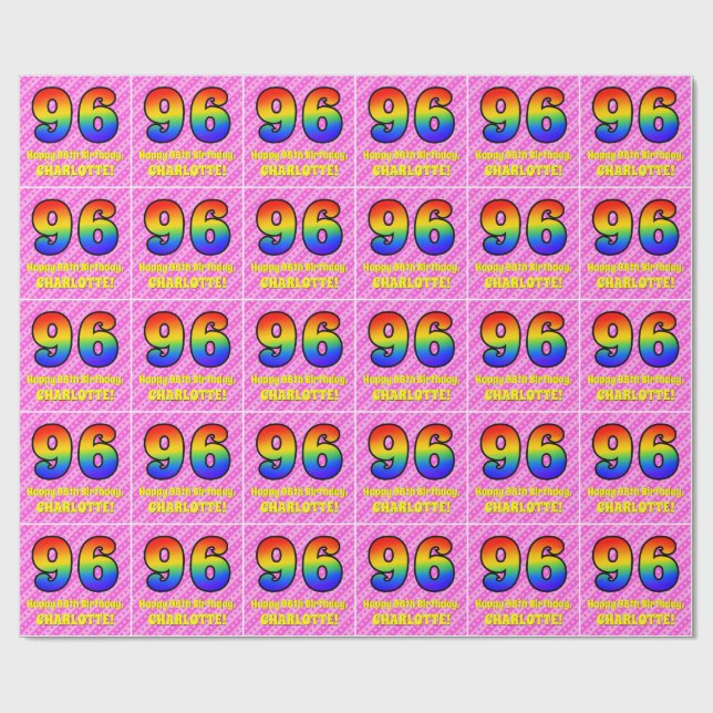 Papier Cadeau 96e anniversaire : Pink Stripes & Hearts, Arc-en-c (Plat)