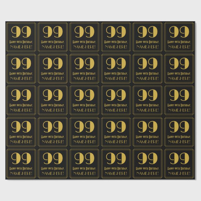 Papier Cadeau 99e anniversaire ~ Art Déco Inspiré Look "99", Nom (Plat)