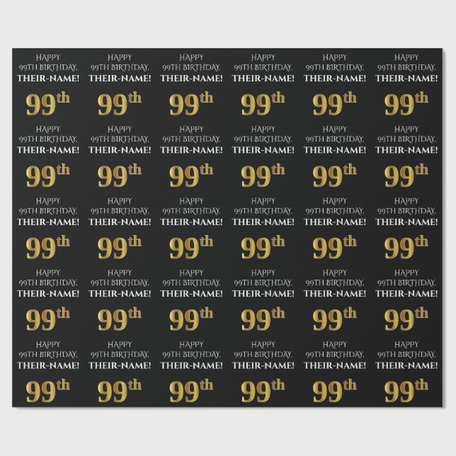 Papier Cadeau 99e anniversaire : Elégant, Noir, Faux Gold Look (Plat)