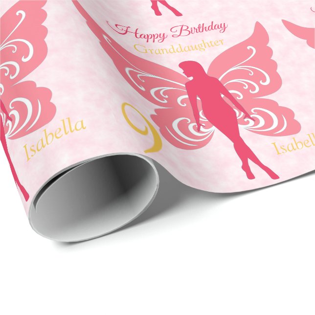 Papier Cadeau 9e anniversaire petite-fille Fairy rose (Coin rond)