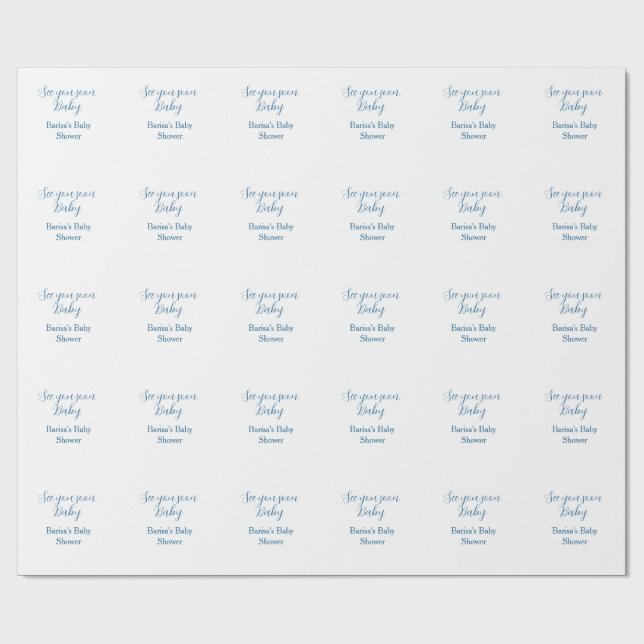 Papier Cadeau à bientôt baby shower bleu nom date simple (Plat)
