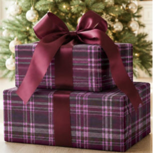 Papier cadeau à carreaux tartan bordeaux et rose
