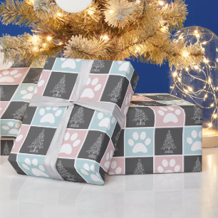 Papier Cadeau à damiers Arbre de Noël empreinte de patte rose et