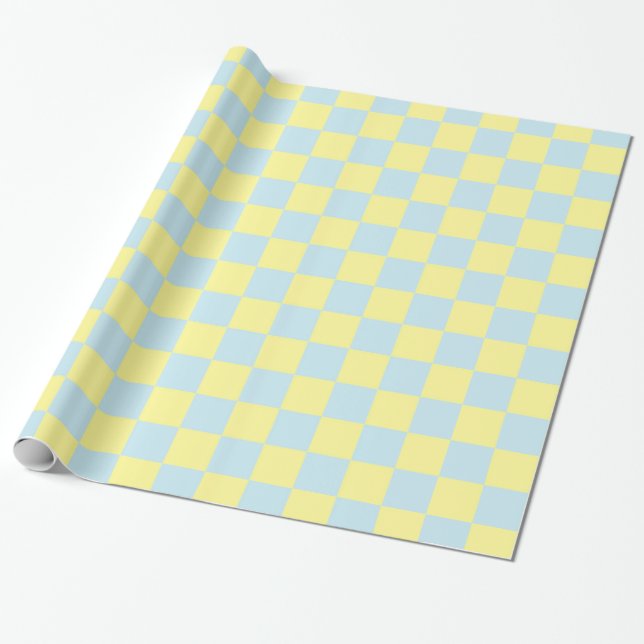 Papier Cadeau à damiers bleu doux et jaune (Déroulé)