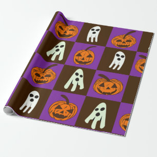 Papier Cadeau à damiers Éffrayants Citrouilles d'Halloween et Fa