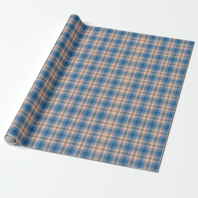 Papier Cadeau à damiers Plaid Beige Bleu Gris Et Pêche (Déroulé)