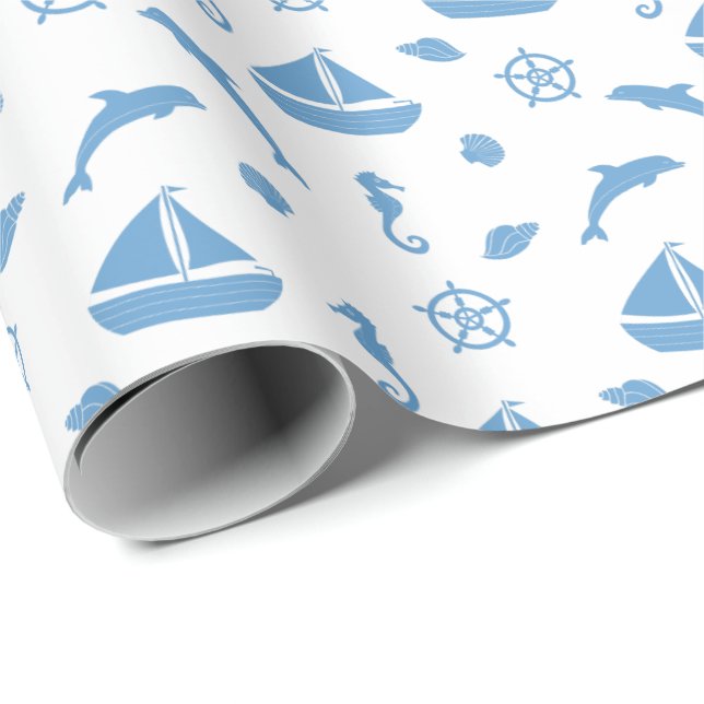 Papier cadeau à motif nautique bleu clair (Coin rond)