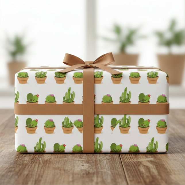 Papier Cadeau à Personnages de Cactus Adorables (Adorable Cactus Characters Wrapping Paper)