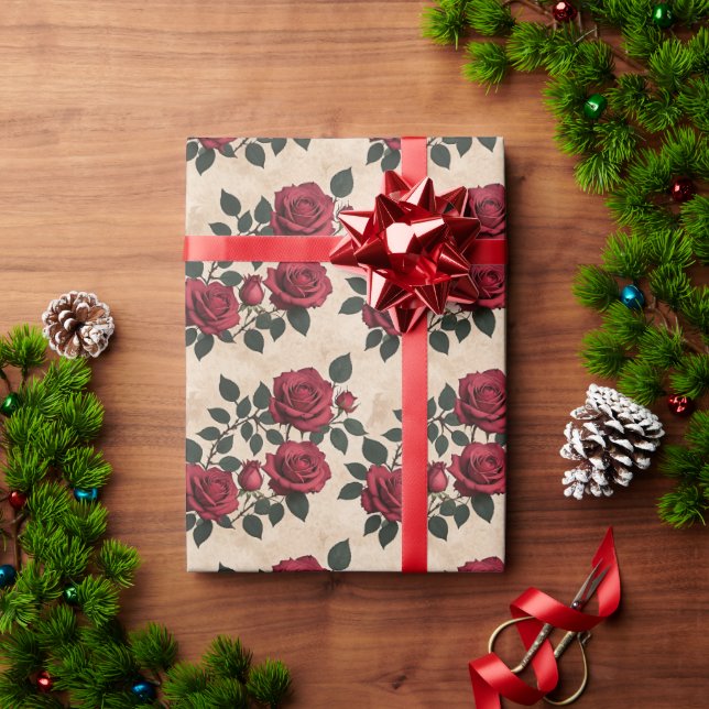 Papier Cadeau A Vintage Crimson Roses  (Cadeau de vacances)