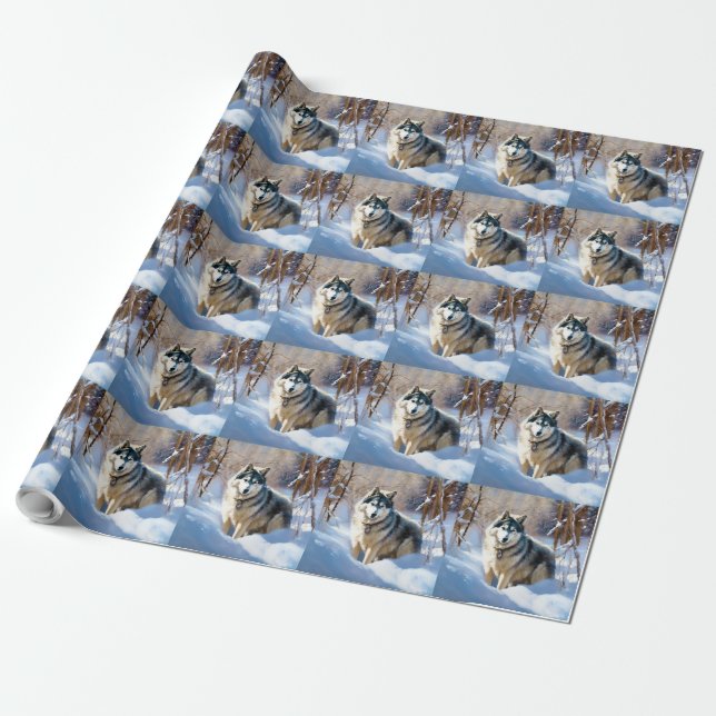 Papier Cadeau Aaskan Malamute Qu'il neige Noël (Déroulé)