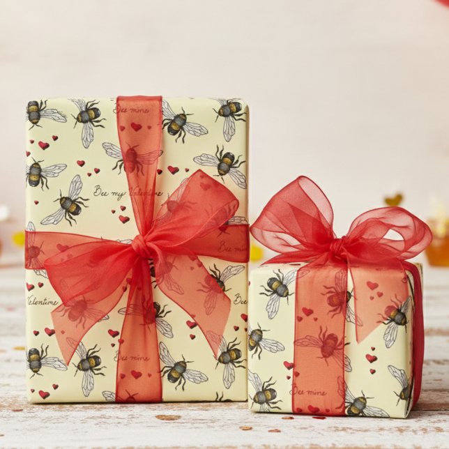 Papier Cadeau Abee Mine Be My Valentine Bees and Hearts Jaune (Elegant Insect Bee My Valentine Valentine's Day Wrapping Paper. Modern Bees & Red Heart Pattern)