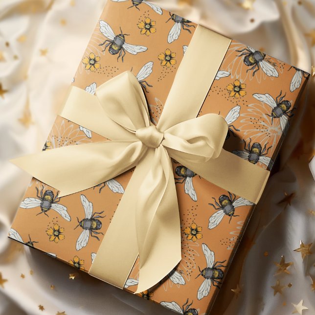 Papier Cadeau Abeille à Miel Bourdonnante Orange Branchée pour l (Elegant Orange Honeybees buzzing around Yellow Cosmos and Daisy flowers.)
