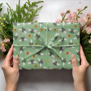 Papier Cadeau Abeille Bourdonnante Vert Sauge Tendance pour l'Ét