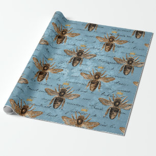 Papier Cadeau Abeille de miel bleu Vintage