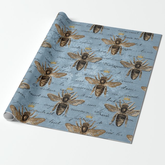 Papier Cadeau Abeille de miel bleu Vintage (Déroulé)