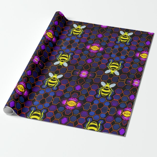 Papier Cadeau Abeille de miel néon vibrante avec Hexagonal Abstr (Déroulé)