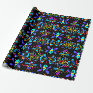 Papier Cadeau Abeille de miel néon vibrante avec Hexagonal Abstr