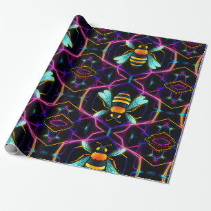 Papier Cadeau Abeille de miel néon vibrante avec Hexagonal Abstr