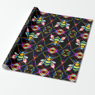 Papier Cadeau Abeille de miel néon vibrante avec Hexagonal Abstr