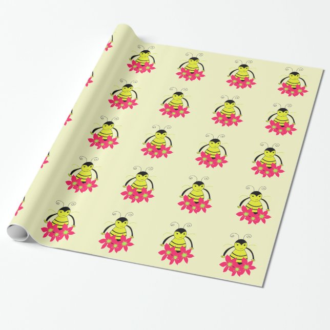 Papier Cadeau Abeille fantaisiste avec fleurs de corail (Déroulé)