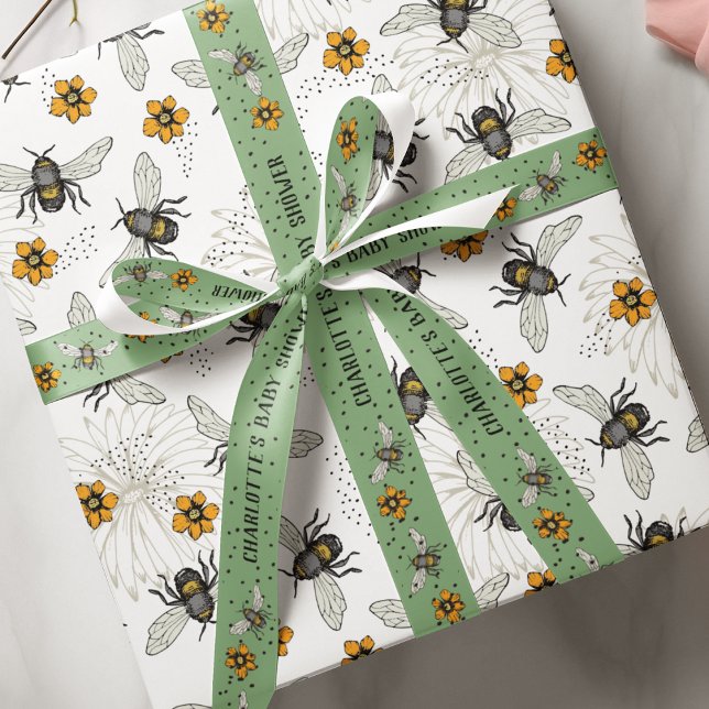 Papier Cadeau Abeille Florale Élégante Été (Trendy Buzzing Bees and flowers pattern. Look for matching ribbon that comes in 1.5" or 3" width :)))