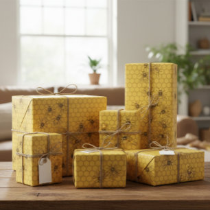 Papier Cadeau Abeille jaune et nid d'abeilles
