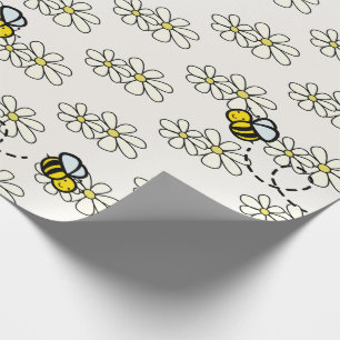 Papier Cadeau Abeille jaune miel et motif de marguerite blanche 