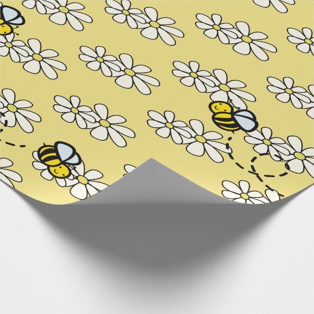 Papier Cadeau Abeille jaune miel & motif de marguerite blanche (Coin)