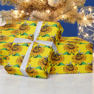 Papier Cadeau Abeille sur motif de fleur de tournesol jaune 