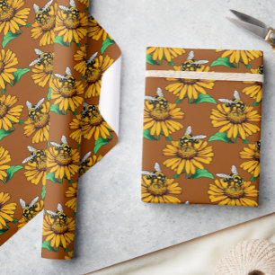 Papier Cadeau Abeille sur motif de fleur de tournesol marron 