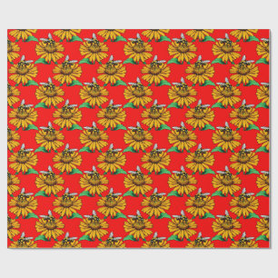 Papier Cadeau Abeille sur motif de fleur de tournesol rouge 