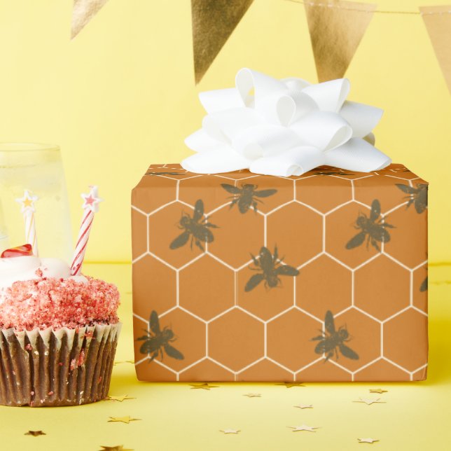 Papier Cadeau Abeilles d'abeille à miel orange foncé (Fête d'anniversaire)