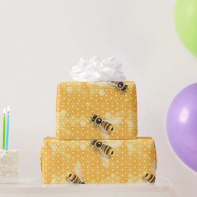 Papier Cadeau Abeilles de miel sur un Motif de nid d'abeille (Créateur téléchargé)