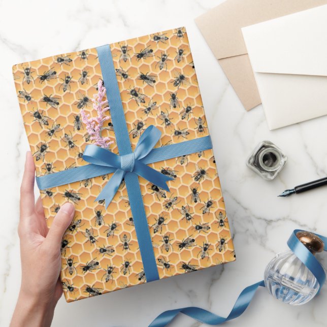 Papier Cadeau Abeilles Dorées Occupées et Rayon de Miel (Cadeaux)