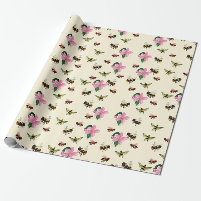 Papier Cadeau Abeilles et bourdons & fleurs de fruits au printem (Déroulé)