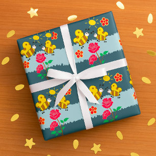Papier Cadeau Abeilles Et Fleurs