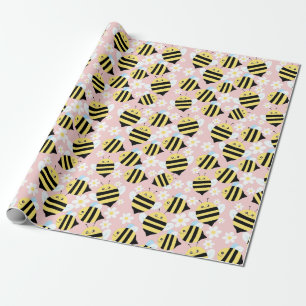 Papier Cadeau Abeilles Et Fleurs Blanches