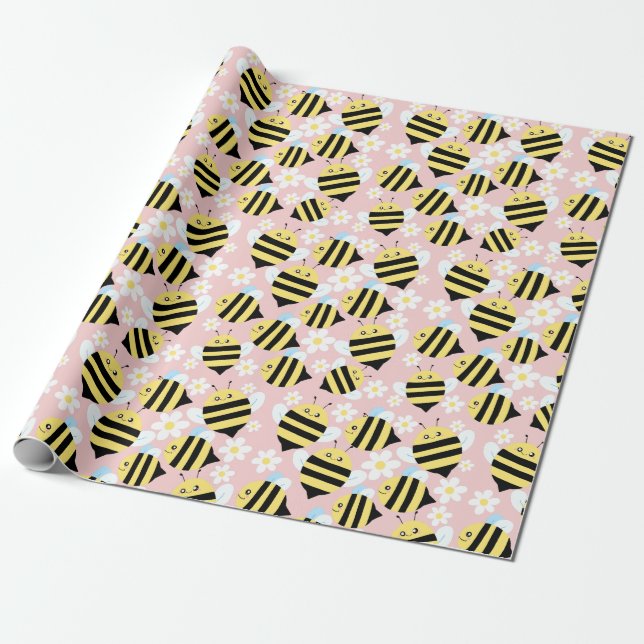 Papier Cadeau Abeilles Et Fleurs Blanches (Déroulé)
