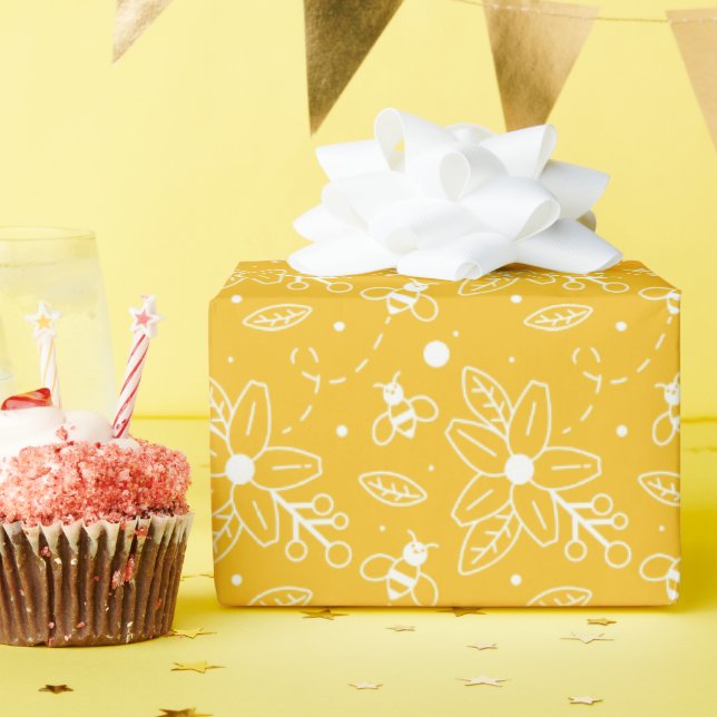 Papier Cadeau Abeilles et fleurs Jaune Anniversaire (Fête d'anniversaire)