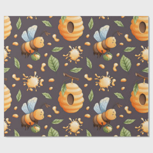 Papier Cadeau Abeilles, Rayons de Miel, Feuilles et Gouttes de M