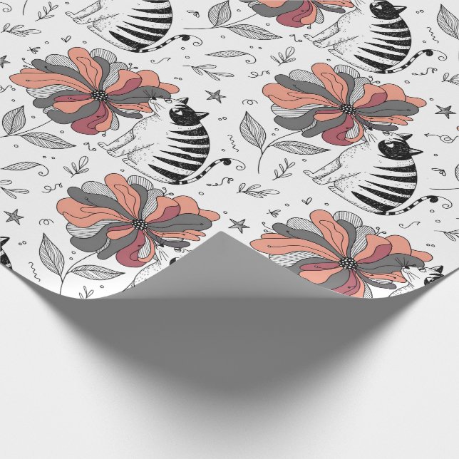 Papier Cadeau Abstract Doodle Art Style Cat Smelling Flower (Coin)