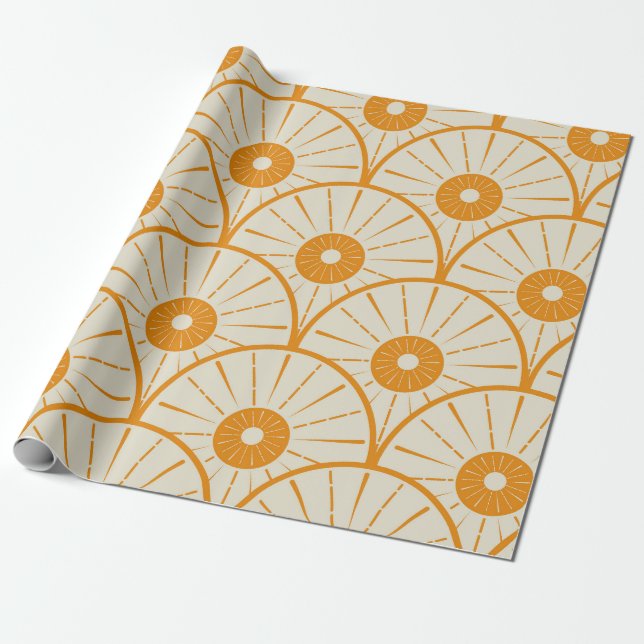 Papier Cadeau Abstrait Art Déco Sun Motif Orange (Déroulé)