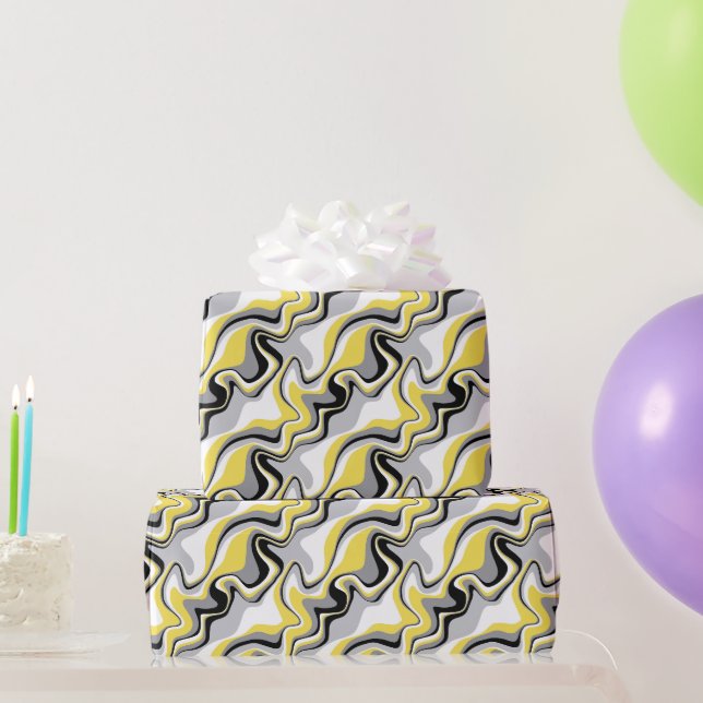 Papier Cadeau Abstrait de fluide noir, gris et jaune (Cadeaux de fête)
