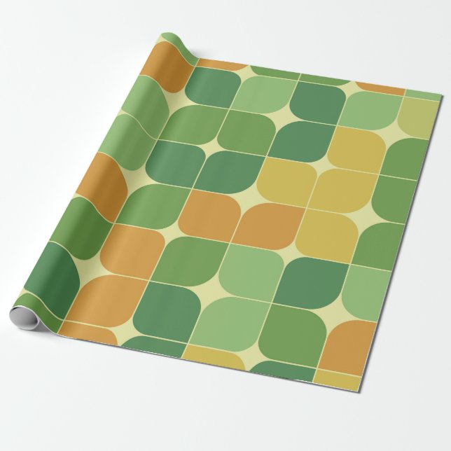 Papier Cadeau Abstrait Géométrique Vert Orange Milieu de Siècle  (Déroulé)