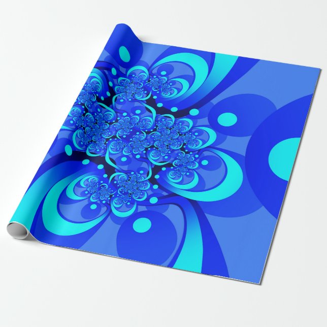 Papier Cadeau Abstrait Moderne Art Fractal aux Teintes de Bleu (Déroulé)