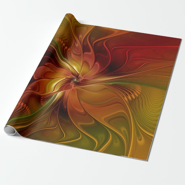 Papier Cadeau Abstrait Rouge Orange Brown Vert Fractal Art Flowe (Déroulé)